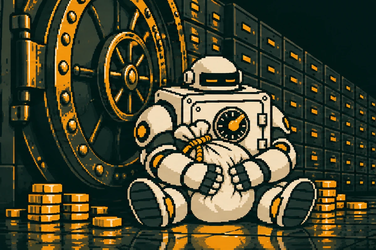 A safe-bodied robot sitting in a bank vault, arms locked around a sack, stacks of coins around him